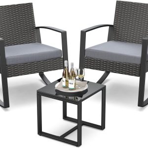 3 Pieces Patio Furniture Set Rocking Bistro Set Outdoor Rattan Conversation with Coffee Table for Garden Balcony Backyard Poolside (Grey Cushion)