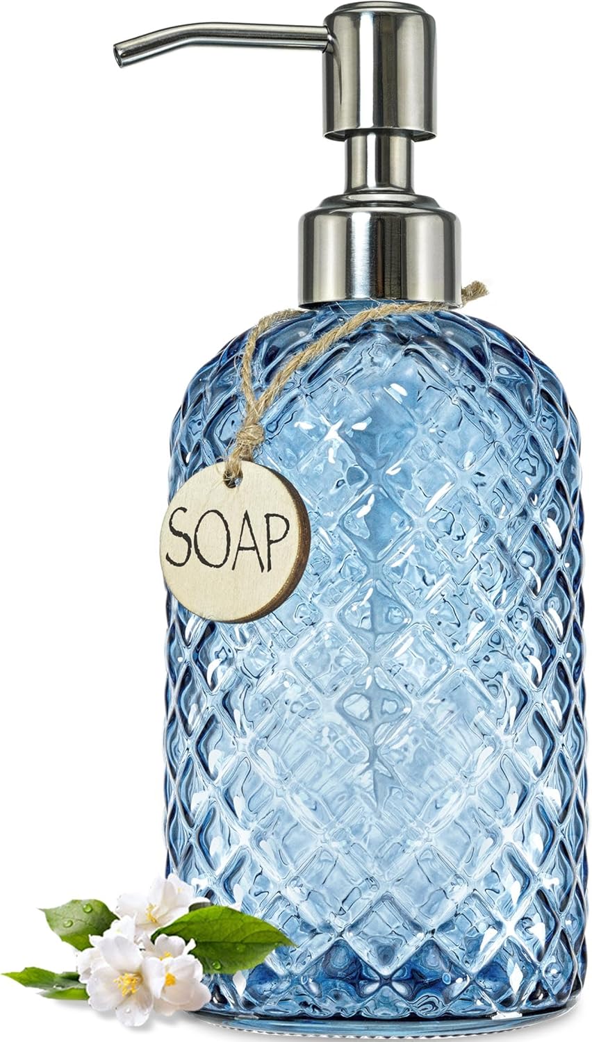 JASAI 18Oz Gem Patterned Glass Soap Dispenser for Kitchen, Refillable Hand Soap Dispenser with Rust Proof Stainless Steel Pump, Clear Soap Dispenser Bathroom for Dish Soap, Hand soap, Lotion(Blue)