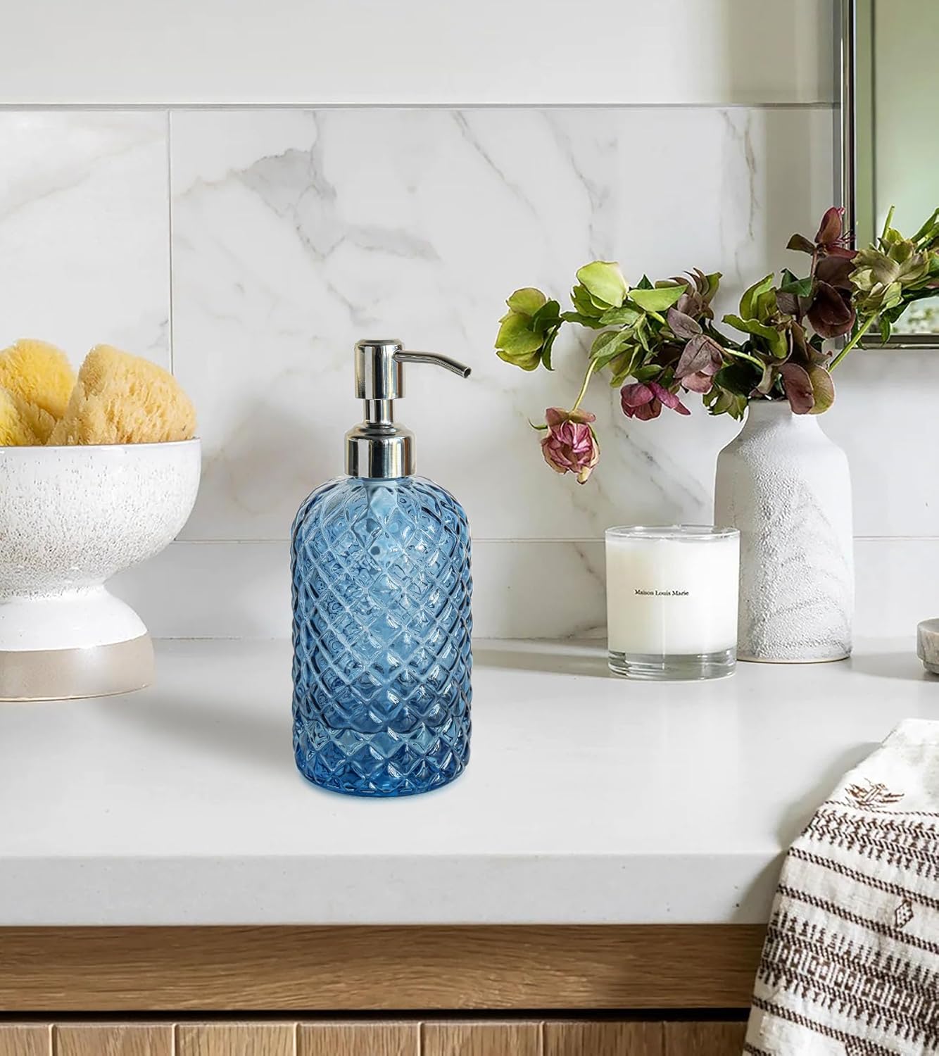 JASAI 18Oz Gem Patterned Glass Soap Dispenser for Kitchen, Refillable Hand Soap Dispenser with Rust Proof Stainless Steel Pump, Clear Soap Dispenser Bathroom for Dish Soap, Hand soap, Lotion(Blue) - Image 3