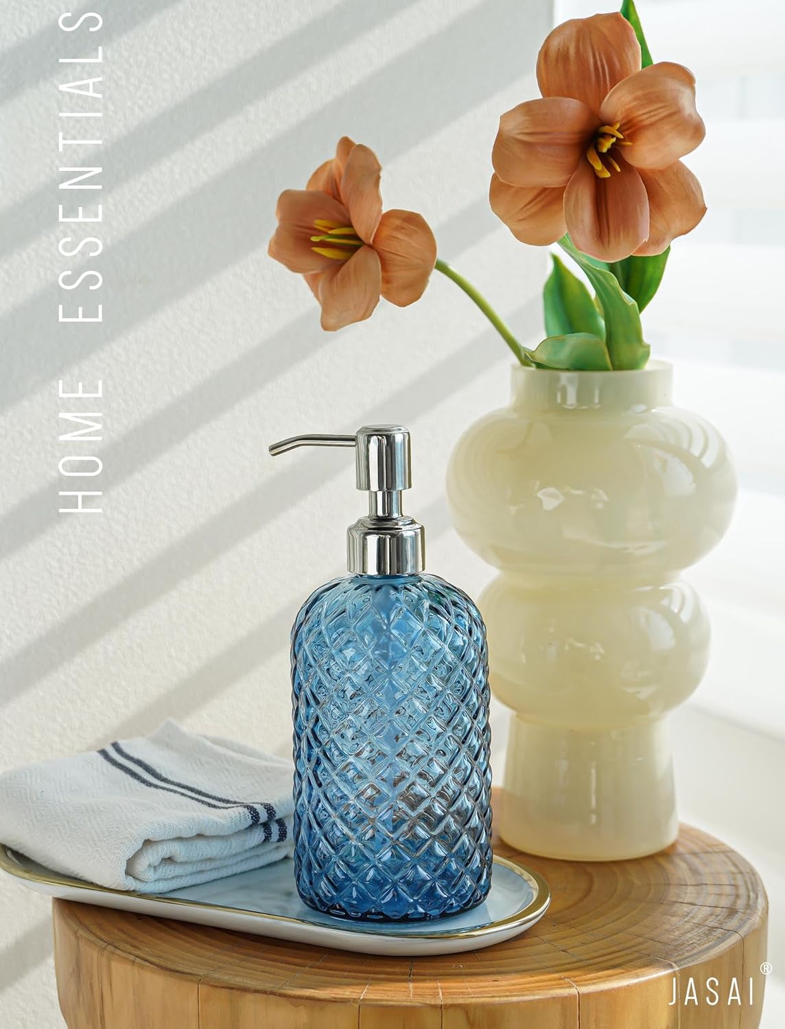 JASAI 18Oz Gem Patterned Glass Soap Dispenser for Kitchen, Refillable Hand Soap Dispenser with Rust Proof Stainless Steel Pump, Clear Soap Dispenser Bathroom for Dish Soap, Hand soap, Lotion(Blue) - Image 6