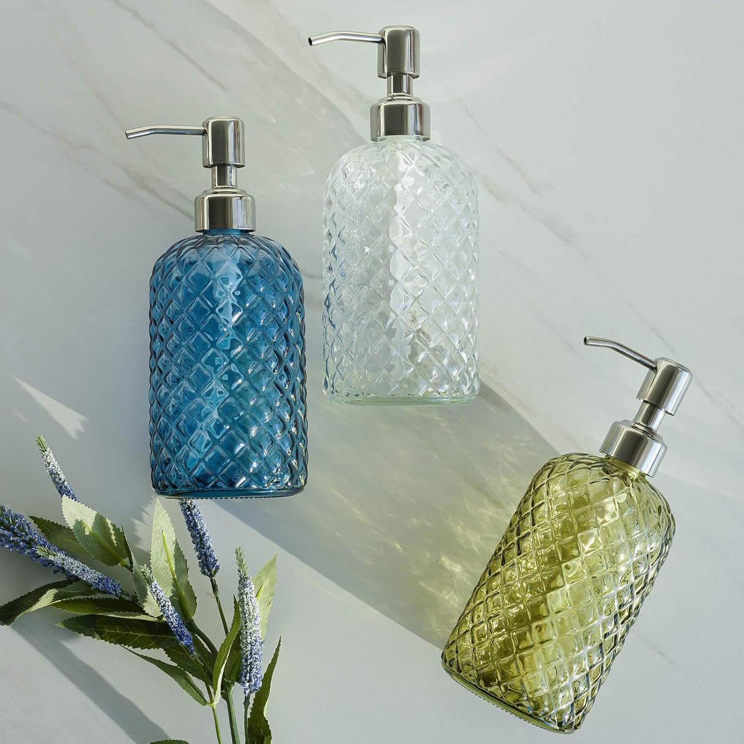 JASAI 18Oz Gem Patterned Glass Soap Dispenser for Kitchen, Refillable Hand Soap Dispenser with Rust Proof Stainless Steel Pump, Clear Soap Dispenser Bathroom for Dish Soap, Hand soap, Lotion(Blue) - Image 7