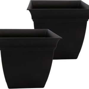The HC Companies 12 Inch Eclipse Square Planter with Saucer – Indoor Outdoor Plant Pot for Flowers Vegetables Herbs, Black (Pack of 2)